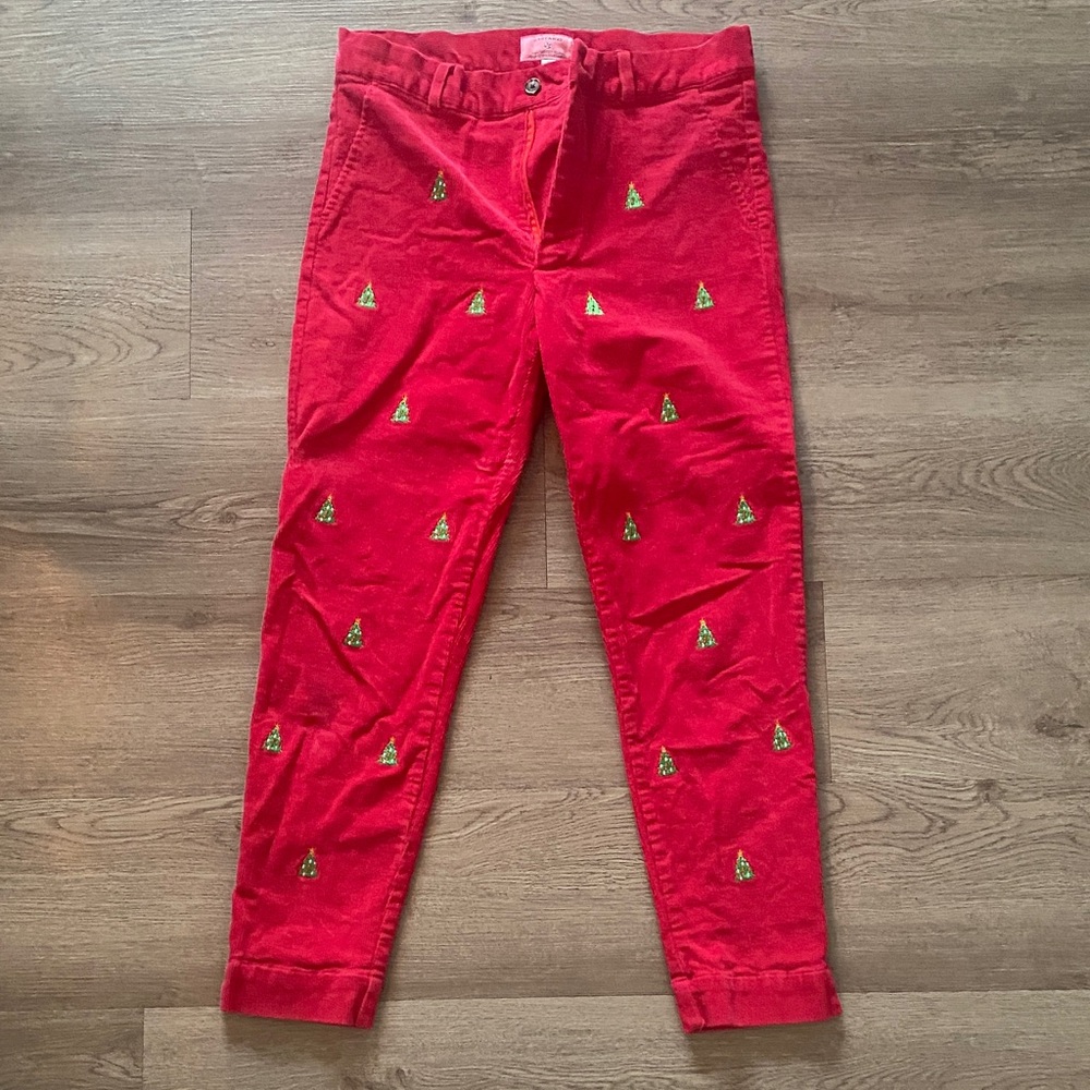 Castaway Red Corduroy Holiday Embroidered Capris